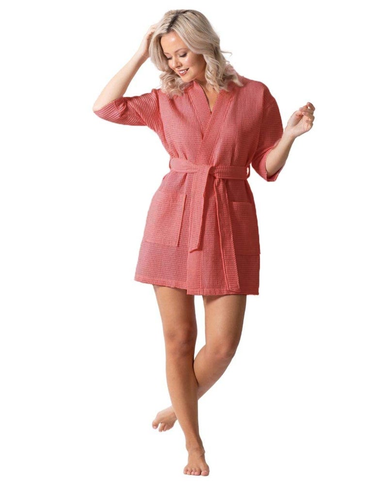 Turkish Linen Lightweight Waffle Knit Bath, Spa & Bridesmaids Kimono Short Robes for Women - Quick Dry & Soft - Image 1